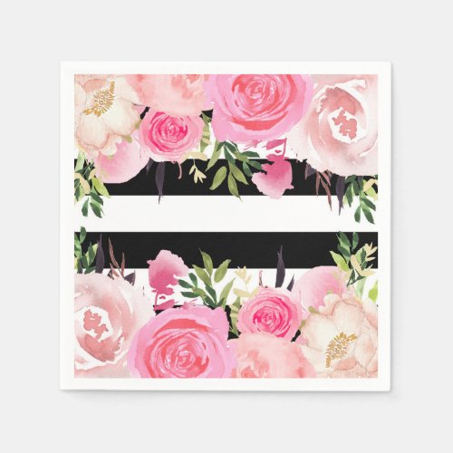 Black White Stripes Pink Floral Bridal Shower Paper Napkins