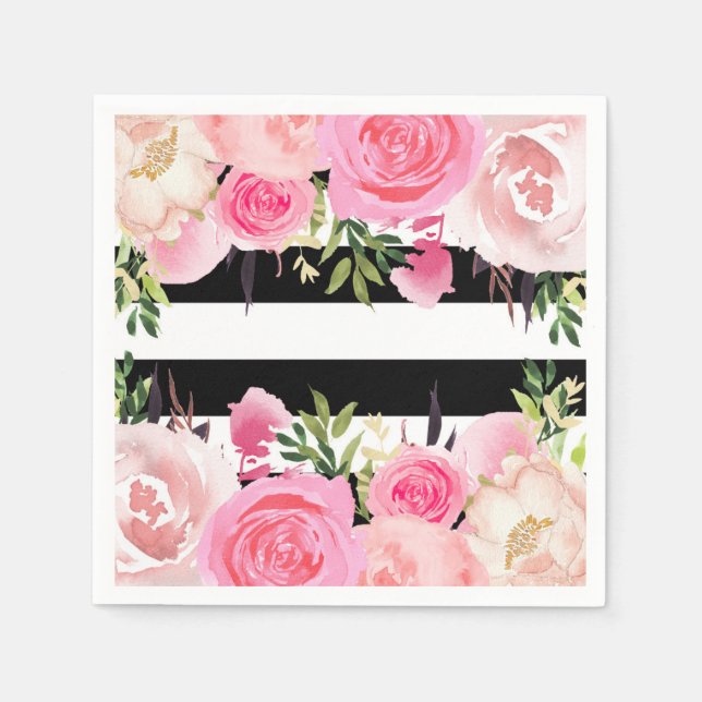 Black White Stripes Pink Floral Bridal Shower Paper Napkins (Front)