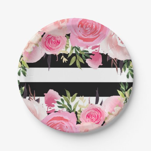 Black White Stripes Pink Floral Bridal Shower Paper Plates