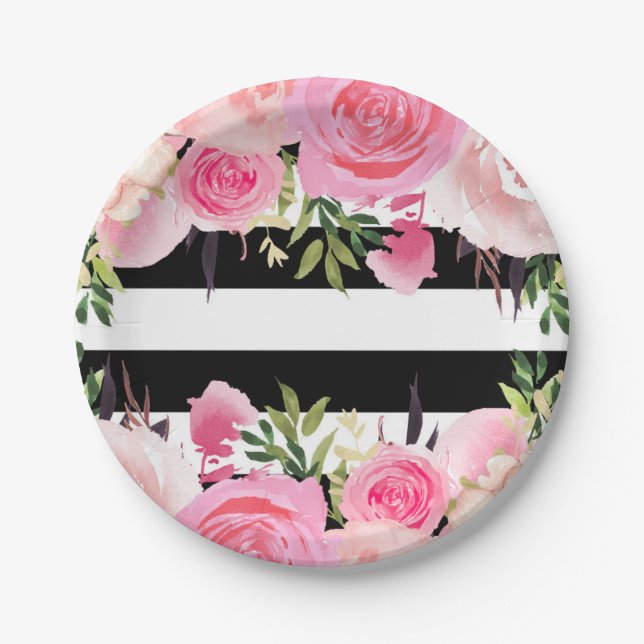Black White Stripes Pink Floral Bridal Shower Paper Plates (Front)