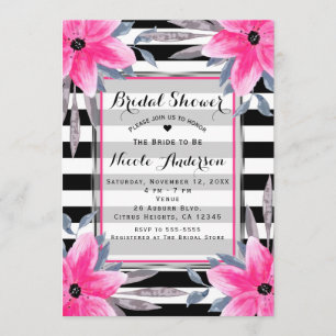 Black & White Stripes Pink Floral Modern Botanical Invitation