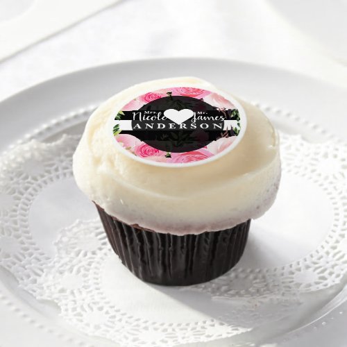 Black White Stripes Pink Floral Modern Shabby Chic Edible Frosting Rounds