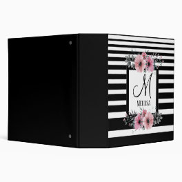Black & White Stripes Pink Floral Monogram 3 Ring Binder