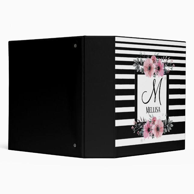 Black & White Stripes Pink Floral Monogram 3 Ring Binder (Background)