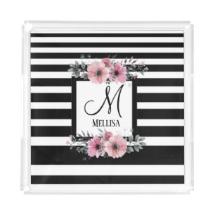 Black & White Stripes Pink Floral Monogram Acrylic Tray