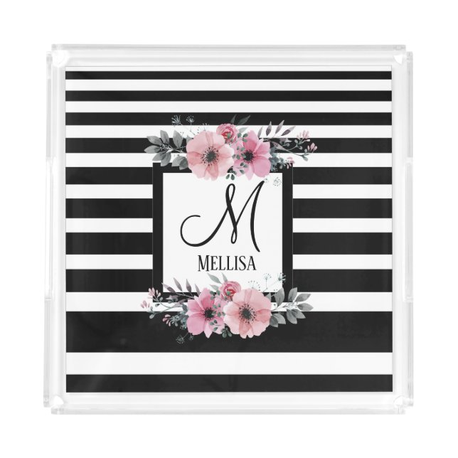 Black & White Stripes Pink Floral Monogram Acrylic Tray (Front)