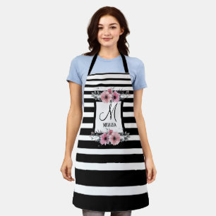 Black & White Stripes Pink Floral Monogram Apron