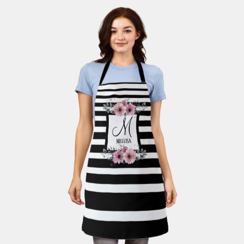 Black  White Stripes Pink Floral Monogram Apron