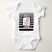 Black & White Stripes Pink Floral Monogram