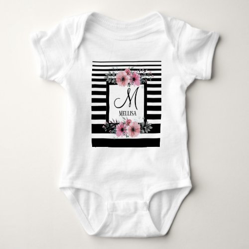 Black  White Stripes Pink Floral Monogram Baby Bodysuit