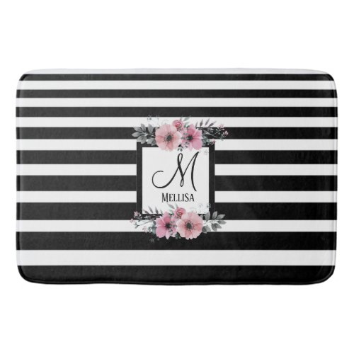 Black  White Stripes Pink Floral Monogram Bath Mat