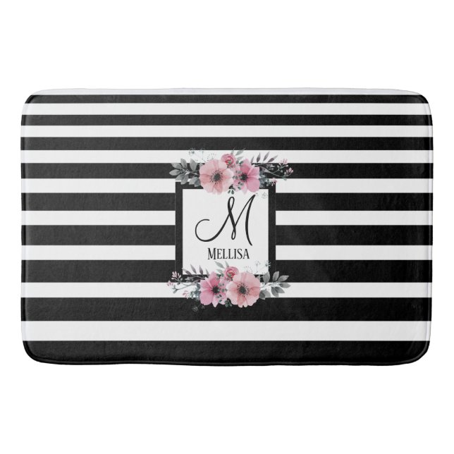 Black & White Stripes Pink Floral Monogram Bath Mat (Front)