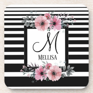 Black & White Stripes Pink Floral Monogram Beverage Coaster