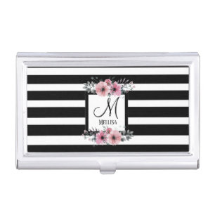 Black & White Stripes Pink Floral Monogram Business Card Case