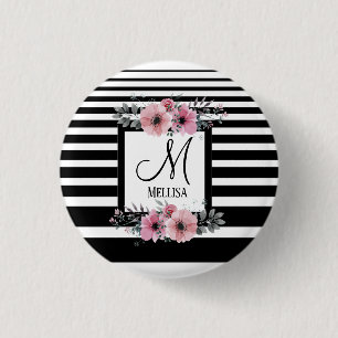 Black & White Stripes Pink Floral Monogram Button