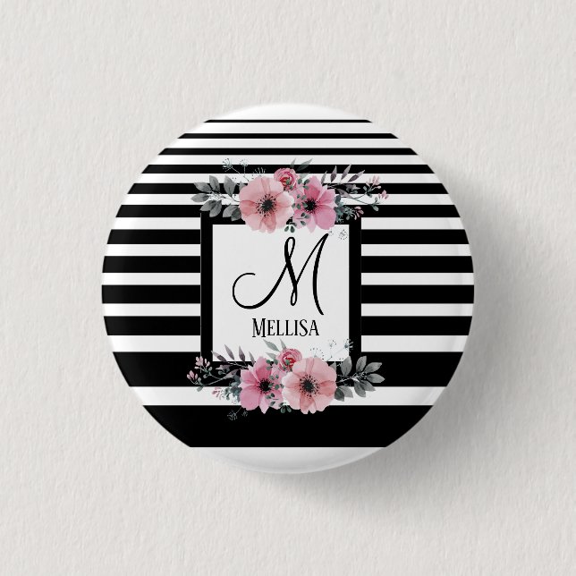 Black & White Stripes Pink Floral Monogram Button (Front)