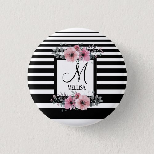 Black  White Stripes Pink Floral Monogram Button