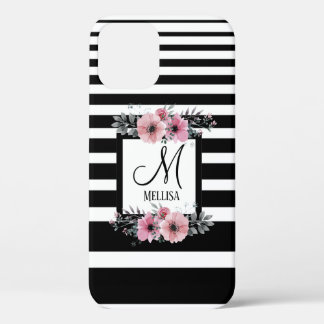 Black & White Stripes Pink Floral Monogram iPhone 12 Case