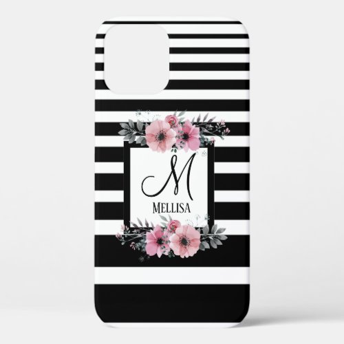 Black  White Stripes Pink Floral Monogram iPhone 12 Case