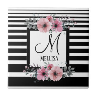 Black & White Stripes Pink Floral Monogram Ceramic Tile