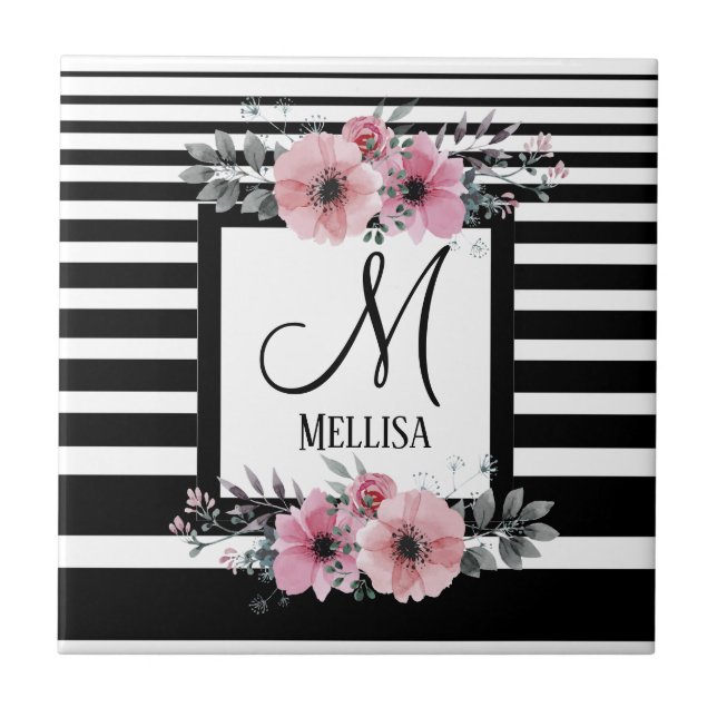 Black & White Stripes Pink Floral Monogram Ceramic Tile (Front)