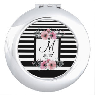 Black & White Stripes Pink Floral Monogram Compact Mirror