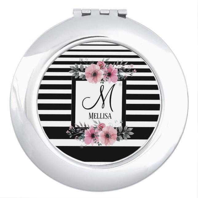 Black & White Stripes Pink Floral Monogram Compact Mirror (Front)