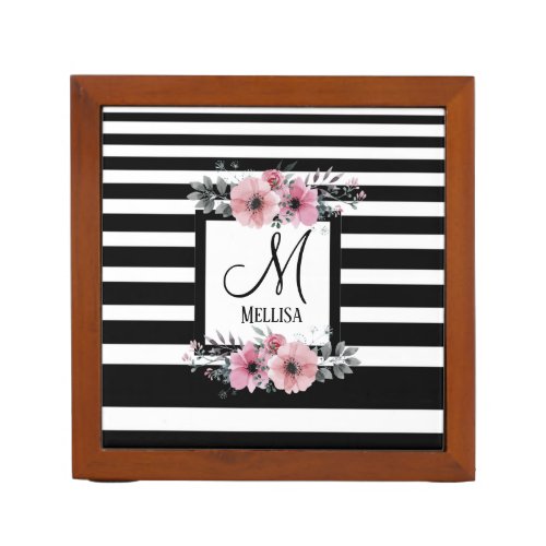 Black  White Stripes Pink Floral Monogram Desk Organizer