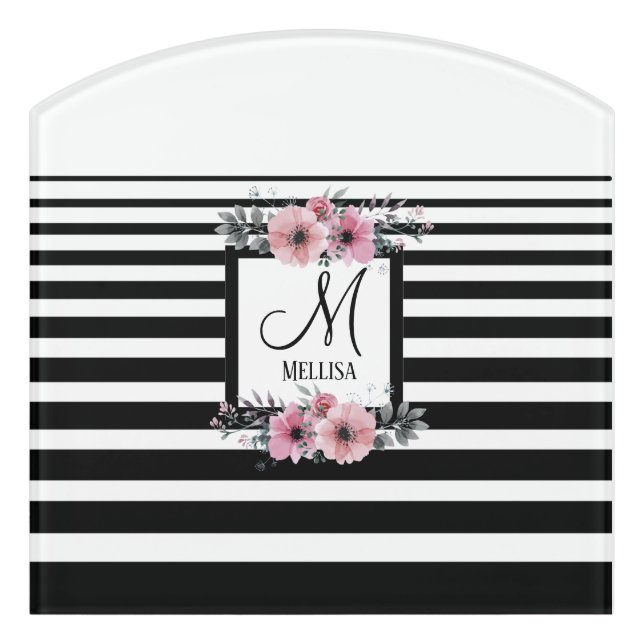 Black & White Stripes Pink Floral Monogram Door Sign (Contour Front)