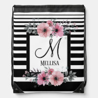 Black & White Stripes Pink Floral Monogram