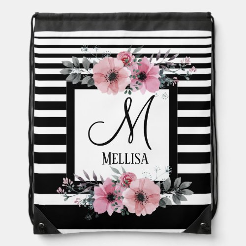 Black  White Stripes Pink Floral Monogram Drawstring Bag