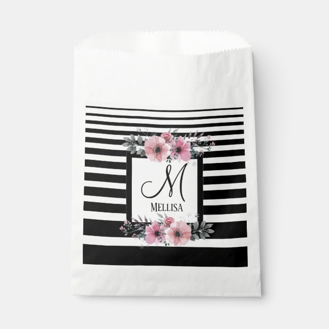Black & White Stripes Pink Floral Monogram Favor Bag (Front)