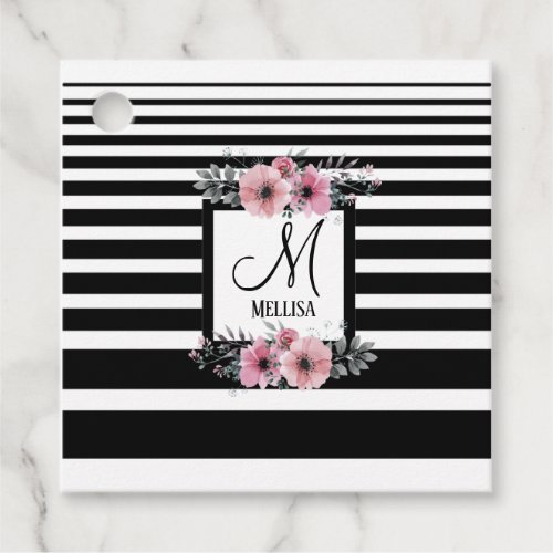 Black  White Stripes Pink Floral Monogram Favor Tags
