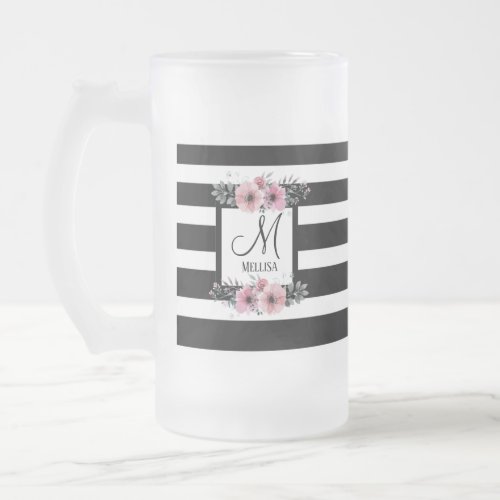 Black  White Stripes Pink Floral Monogram Frosted Glass Beer Mug