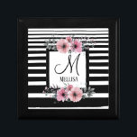 Black & White Stripes Pink Floral Monogram Gift Box<br><div class="desc">Introducing our new product: the Black and White Stripes Pink Floral Monogram design. This design perfectly blends the classic French Parisian style with modern elegance. The classy black stripe pattern is paired with blush pink watercolor flowers, creating a chic and feminine look that is perfect for any woman. The girly...</div>