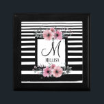 Black & White Stripes Pink Floral Monogram Gift Box<br><div class="desc">Introducing our new product: the Black and White Stripes Pink Floral Monogram design. This design perfectly blends the classic French Parisian style with modern elegance. The classy black stripe pattern is paired with blush pink watercolor flowers, creating a chic and feminine look that is perfect for any woman. The girly...</div>