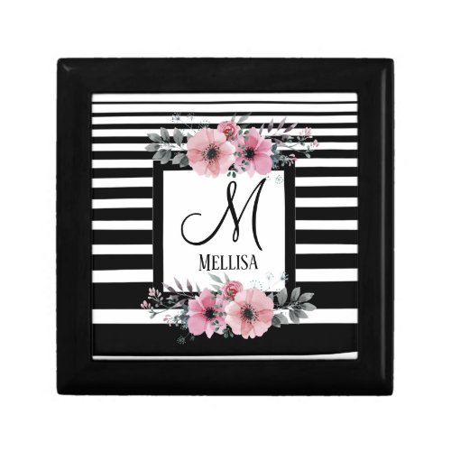 Black  White Stripes Pink Floral Monogram Gift Box