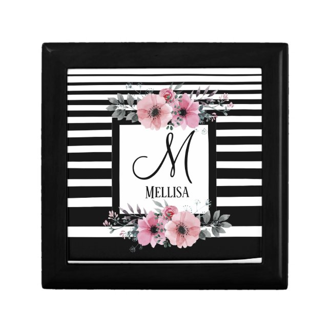 Black & White Stripes Pink Floral Monogram Gift Box (Front)