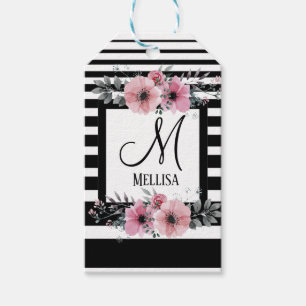 Black & White Stripes Pink Floral Monogram Gift Tags