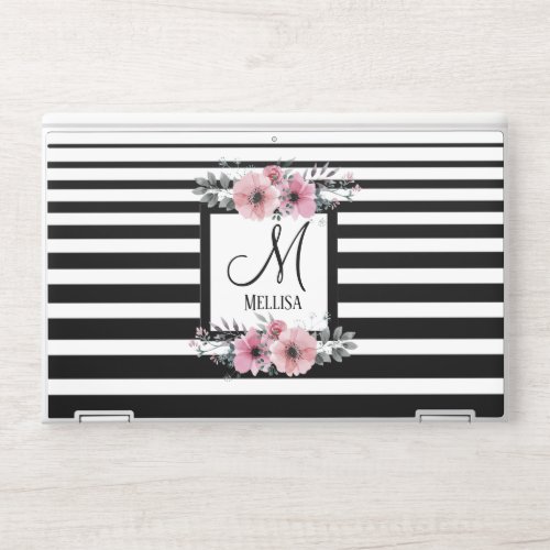 Black  White Stripes Pink Floral Monogram HP Laptop Skin