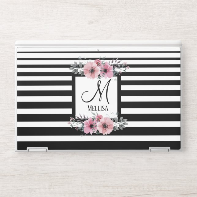Black & White Stripes Pink Floral Monogram HP Laptop Skin (Front)