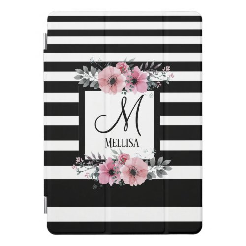 Black  White Stripes Pink Floral Monogram iPad Pro Cover