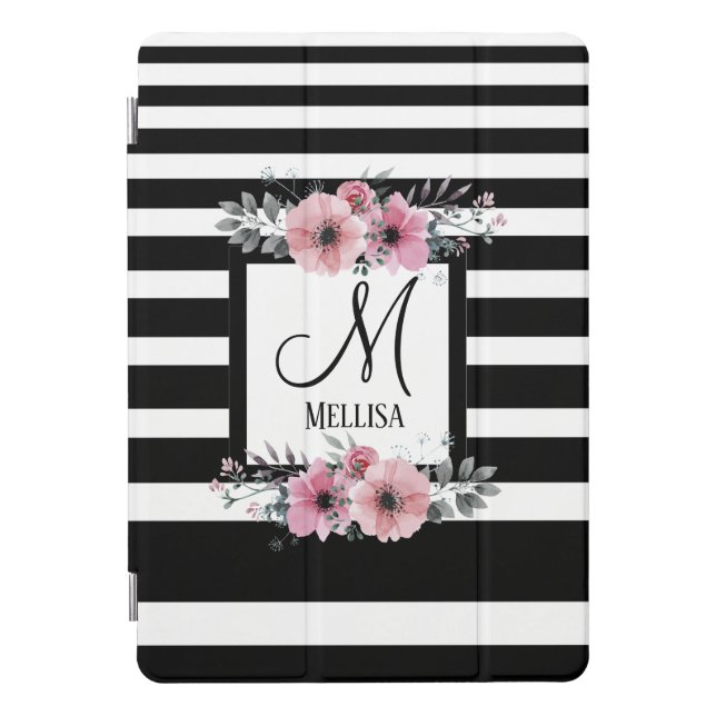 Black & White Stripes Pink Floral Monogram iPad Pro Cover (Front)