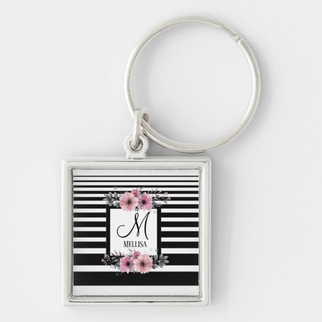 Black & White Stripes Pink Floral Monogram Keychain (Front)