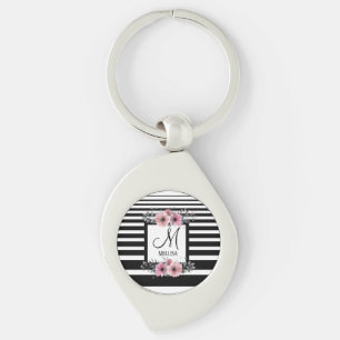 Black & White Stripes Pink Floral Monogram Keychain