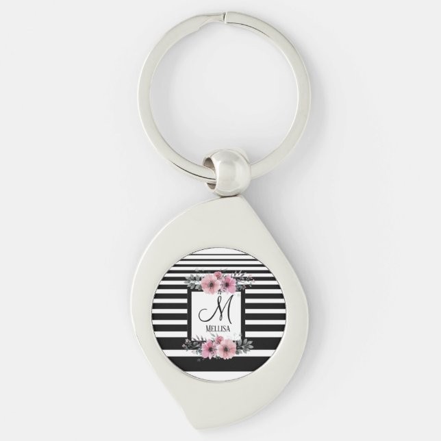 Black & White Stripes Pink Floral Monogram Keychain (Front)