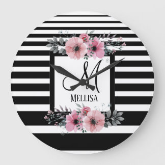 Black & White Stripes Pink Floral Monogram Large Clock