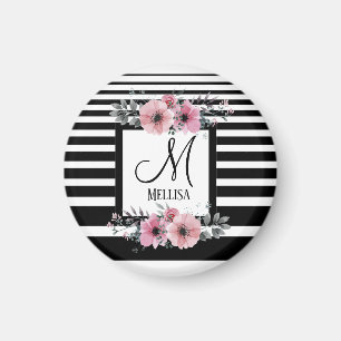 Black & White Stripes Pink Floral Monogram Magnet