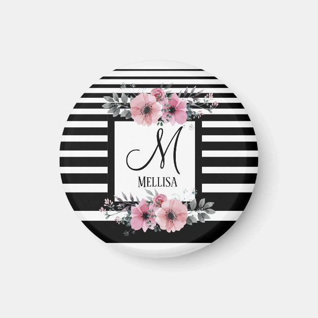 Black & White Stripes Pink Floral Monogram Magnet (Front)