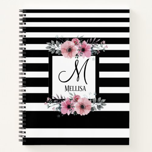 Black  White Stripes Pink Floral Monogram Notebook